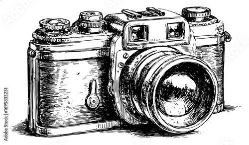 Vintage camera in black and white outline style. Classic illustration of photography equipment, depicted as a vector engraving set.