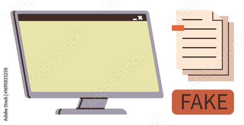 Computer monitor next to document stack with fake tag. Ideal for misinformation, fraud detection, online caution, data verification, internet safety, fake news, digital trust. Simple flat metaphor