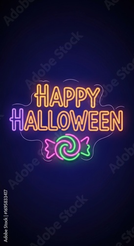 Get ready for spooky season with vibrant Happy Halloween neon sign and candy icon against dark background for festive designs