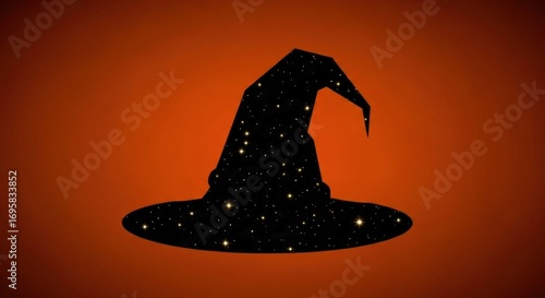 Enchanting witch hat silhouette filled with twinkling stars against a warm orange backdrop perfect for Halloween promotions