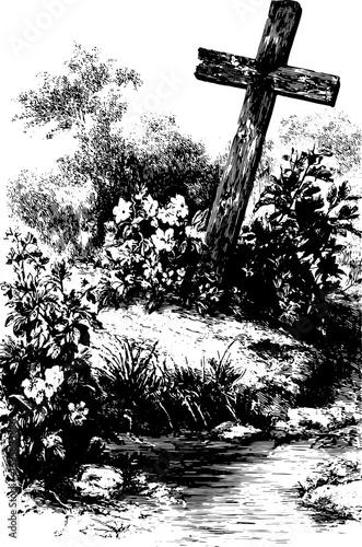 Wooden cross and flowers on a grave in grass with old engraving style. Monochrome vector illustration with detailed plants and ground.