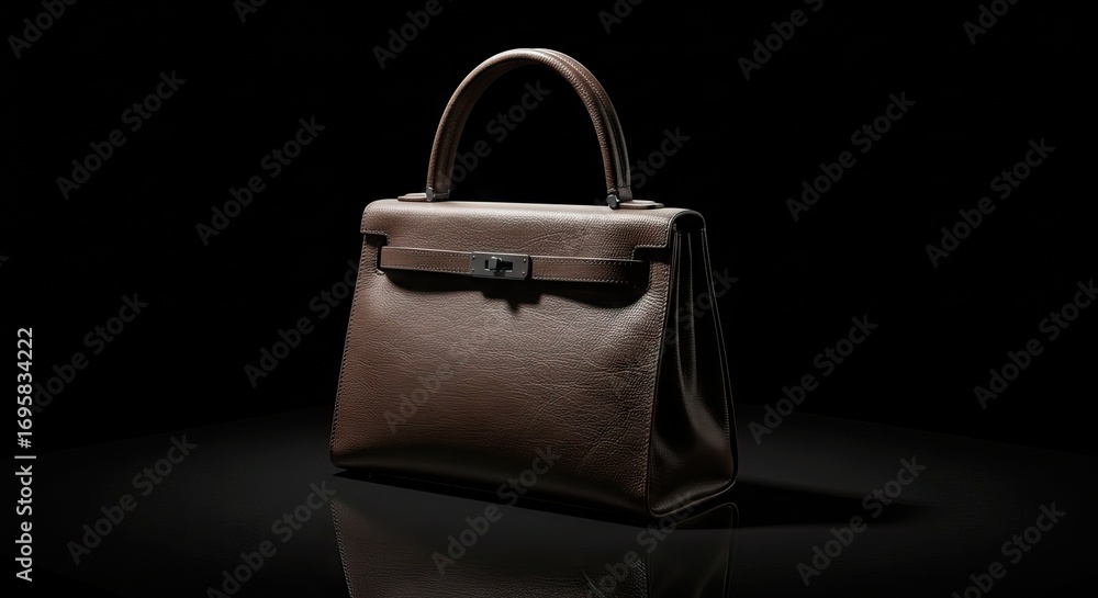 Naklejka premium A brown leather Kelly bag stands on a reflective black surface against a black backdrop