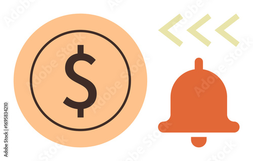 Dollar sign inside a circle paired with a notification bell and motion lines. Ideal for finance, payment alerts, savings, budgeting, reminders, transactions, warnings. Flat simple metaphor