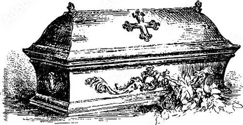 Coffin design in black and white outline, featuring a cross and floral decor. This vintage set is a detailed vector illustration capturing traditional elements.