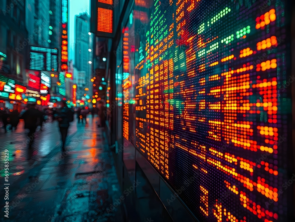 Obraz premium Vibrant city street at night illuminated by glowing digital screens displaying financial data and reflecting on wet pavement
