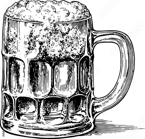 Vintage beer mug illustration in outline style. Black and white vector artwork representing traditional craft beer culture set.