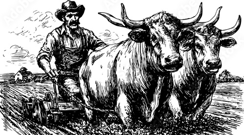 Farmer with plow and cows in black and white. Vintage outline illustration set, depicting rural agricultural life in an engraving style.