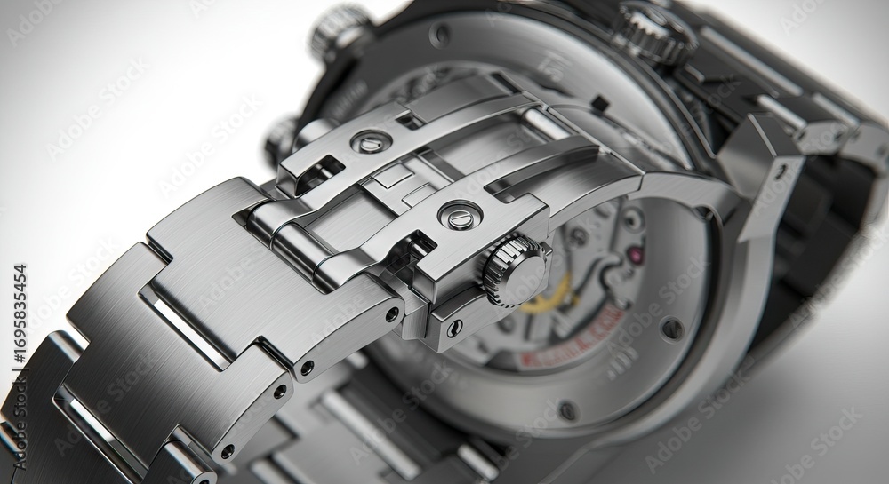 Fototapeta premium Closeup of a metal wristwatch showing its complex band clasp and the intricate inner workings visible through the back