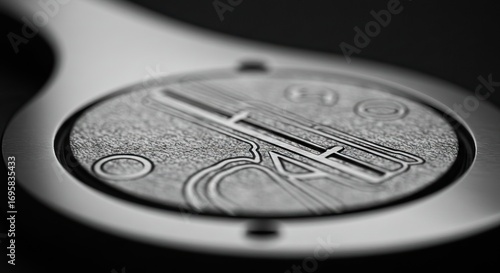 Closeup monochrome image features a round metal object with intricate laseretched designs on a textured surface