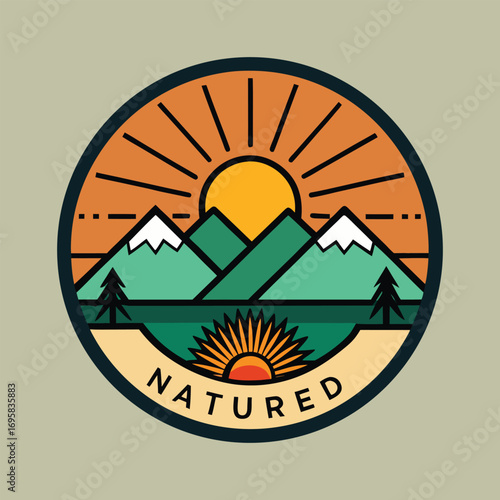 Vibrant Nature Sunset Mountain Logo with Trees and Sun