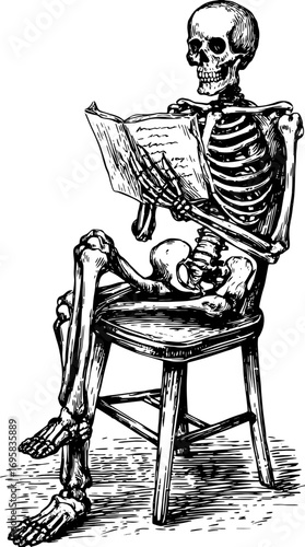 Skeleton outline seated on a chair, reading a page in a vintage style. Black and white vector illustration with fine detail.