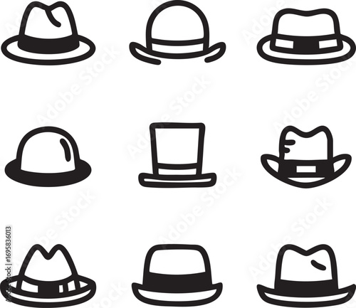 Hats vector icon set: fedora, top hat, bowler, and more eps silhouette