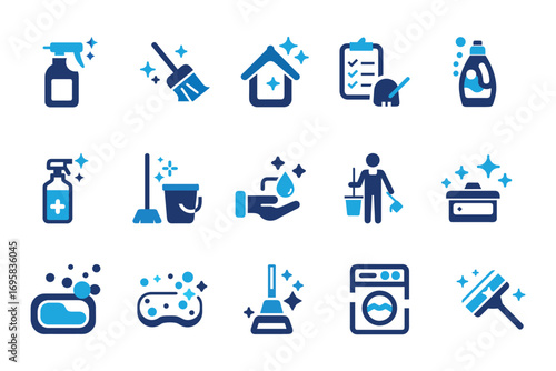 House cleaning icon set. Containing washing, broom, soap, maid, laundry, home cleaning, sponge, vacuum cleaner, mop and more. Solid vector icons collection. 