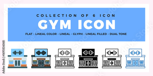 Collection of 6 Gym Icons. Flat. Lineal. Glyph. and Dual-Tone Styles