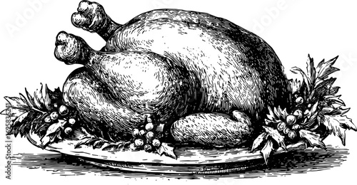Vintage engraving of a roasted chicken on a platter with decorative garnish. Detailed black and white vector illustration for culinary art.