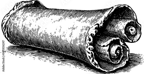 Detailed vintage scroll illustration in black and white. An artistic representation with intricate line drawing and texture, served as a vector illustration.