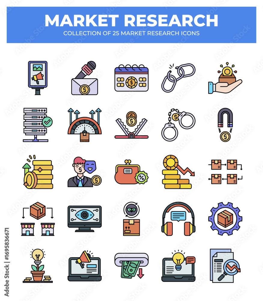 Obraz premium Collection of Market Research Icons: 25 Essential Visual Elements for Business Strategy