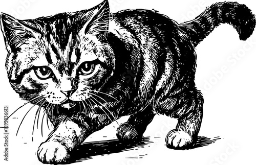Cat walking in black and white with visible whiskers and stripes. Realistic vector illustration with detailed handdrawn ink shading and natural texture.