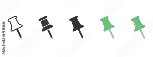 Set of vector push pins in green, black, and outline styles. Thumbtack icons perfect for corkboards, office stationery, notes, reminders, maps, planners, and digital design projects
