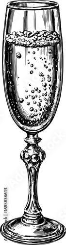 Champagne glass with bubbles in vintage style. Handdrawn black and white line vector illustration with classic and elegant detail.