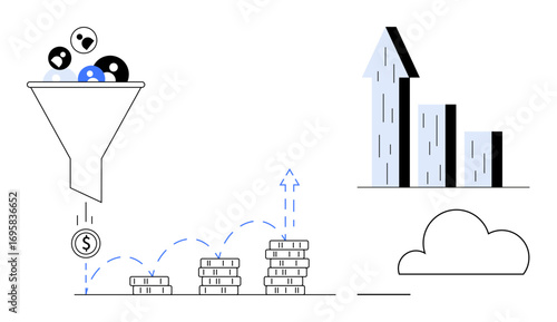 Funnel processing users into revenue, coin stacks increasing, upward graph, cloud graphic. Ideal for marketing, analytics, business growth, sales strategy, financial success innovation simple
