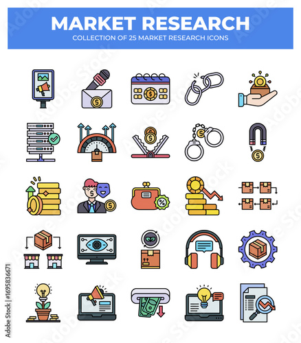 Collection of Market Research Icons: 25 Essential Visual Elements for Business Strategy