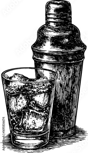 Cocktail glass with ice and a shaker in handdrawn sketch style. Vintage black and white vector illustration of barware set.