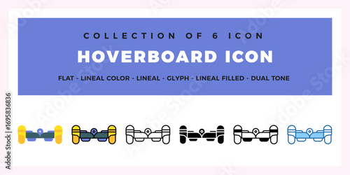 Collection of 6 Hoverboard Icons. Flat. Lineal. Glyph Styles
