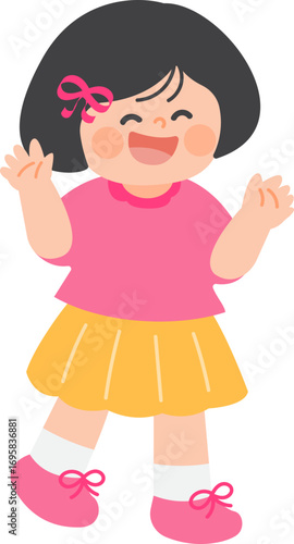 Vector illustration of a girl who greets with a bright smile and waves