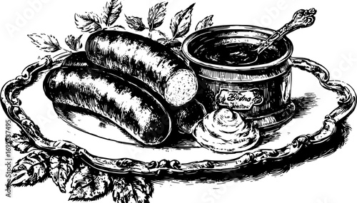 Sausage, mustard jar, and leaves on a plate in a black and white ink sketch. Vintage food set vector illustration with engraved style.