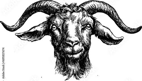 Goat head with horns and beard in black and white. Detailed line vector illustration of farm animal portrait.