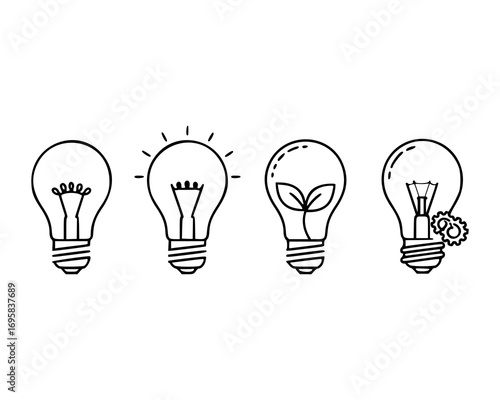 Four black and white light bulb icons are arranged in a row. The first depicts a standard