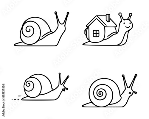 Set of four black and white line art icons depicting snails. The top left shows a simple snail with a coiled shell