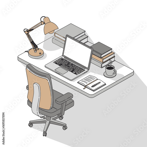 Isometric business office with two desks, computers, chairs, books, and documents for teamwork and collaboration.