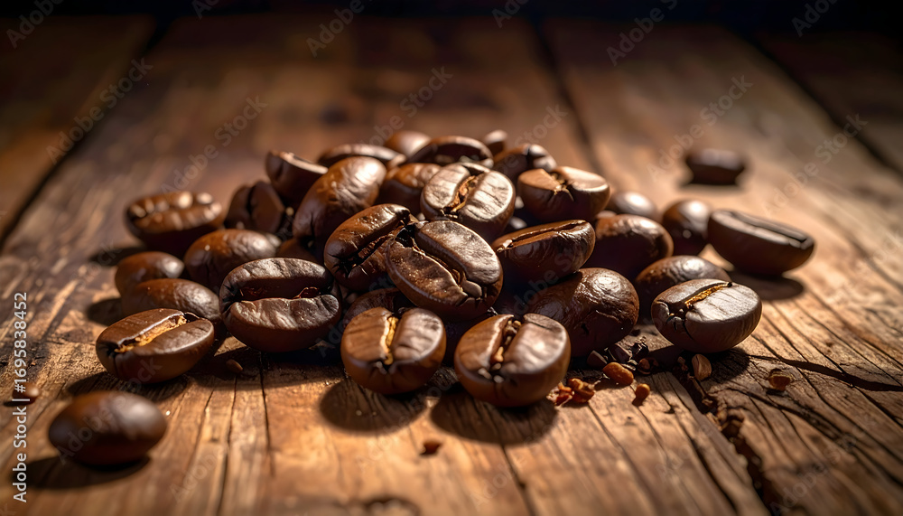 Fototapeta premium Brown coffee beans on wooden surface