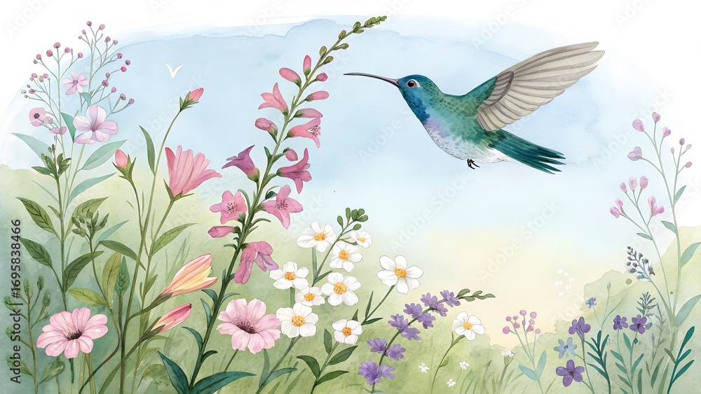 Naklejka premium Watercolor Hummingbird Flying Among Wildflowers in a Sunny Meadow Illustration