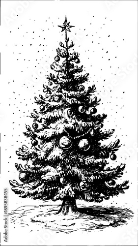 Christmas tree with ornaments, snow, and a star in black and white. Vintage handdrawn sketch vector illustration.