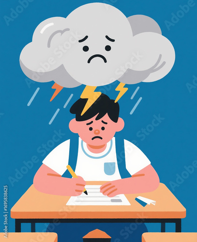 Illustration of a stressed student under a sad rain cloud during an exam, symbolizing academic pressure and anxiety