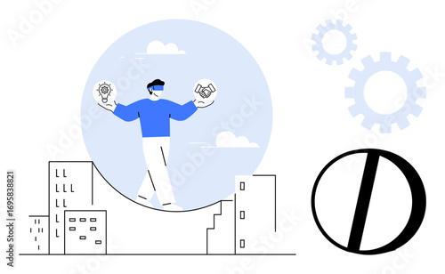 Man balancing lightbulb and handshake icons above buildings on bridge, surrounded by abstract gear shapes. Ideal for innovation, teamwork, balance, decision-making, urban development, creativity
