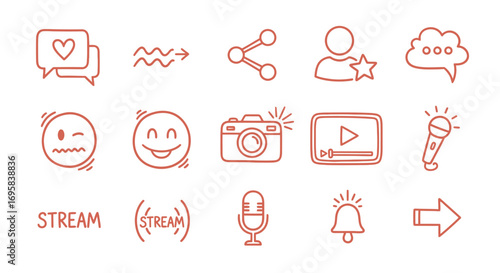 Social Media Icons: A collection of social media icons are arranged in a grid format, each one is meticulously designed in a vibrant line art style. The icons represent communication and connectivity.
