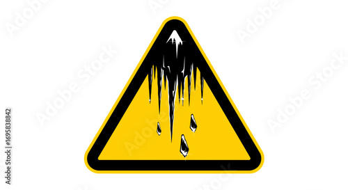 Cautionary yellow triangle warning sign featuring melting icicles and falling water droplets