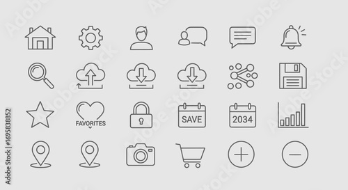 Iconic Interface: A carefully curated collection of essential icons, representing modern design and diverse digital functionality. Each symbol has clean line and clarity for immediate recognition
