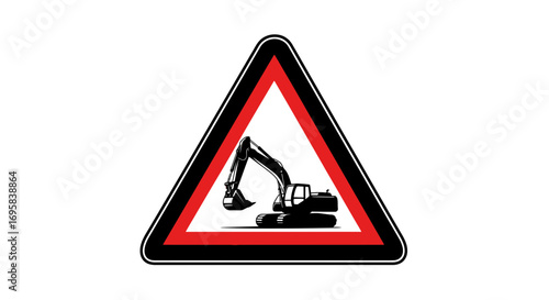 Cautionary warning sign featuring a black excavator silhouette within a red and black triangular border