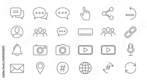 Iconic Communication Set: Clean, minimalistic outline icons representing digital interaction. Each icon, crafted in a linear style, stands out with clarity.