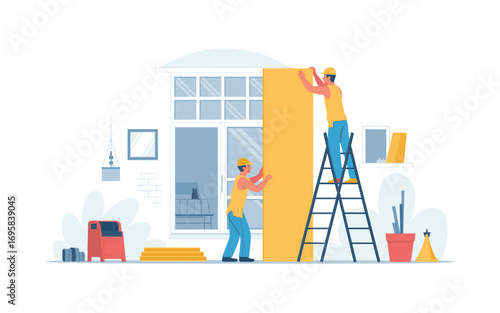 Construction Workers Installing Insulation Panel on Building Facade, Man on Ladder and Assistant: Home Improvement, Professional Service, Energy Efficiency, Modern Design