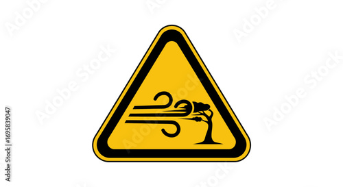 Warning sign depicts strong winds bending a tree, signaling potential hazards outdoors