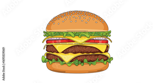 Delicious double cheeseburger with lettuce tomato onion and sesame seed bun