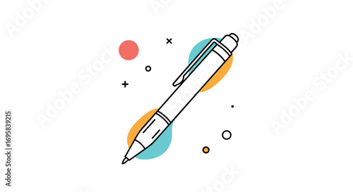 Illustrative drawing of a ballpoint pen with colorful abstract shapes and dots floating around it
