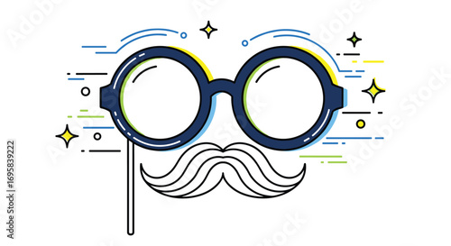 Funny eyeglasses and mustache prop stick for parties and costume events