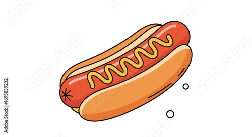 Delicious sausage in a bun with yellow mustard sauce overhead view